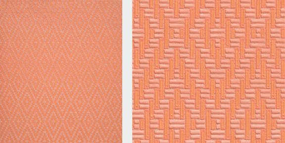 On the left, a vertical rectangle with a dense, textile-like pattern. Evenly sized, lozenge-shaped brushstrokes densely packed together create a repeating pattern of identical diamonds in peachy shades. On the right, a close-up of the same painting, depicting the dense, even brushstrokes.