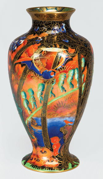 Daisy Makeig-Jones, Vase, ca. 1929–31; Bone china with underglaze, luster, and gilding; Exterior color scheme: Sunset Fairyland; Pattern: Imps on a Bridge