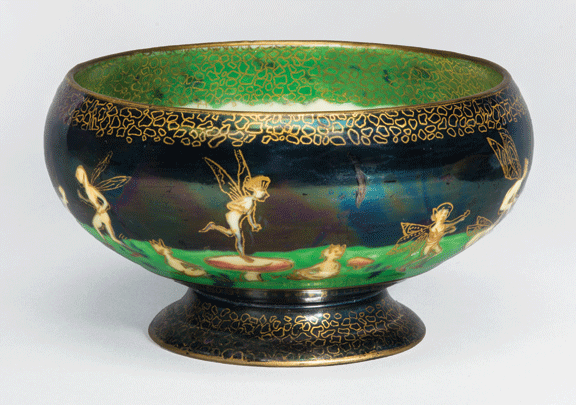 Daisy Makeig-Jones, Empire bowl, ca. 1916–31; Bone china with underglaze, luster, and gilding; Exterior color scheme: Black Fairyland; Pattern: Leapfrogging Elves