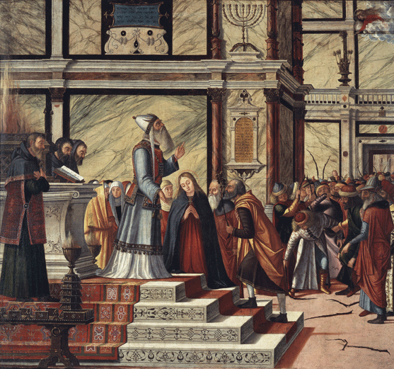 Vittore Carpaccio, Marriage of the Virgin (Sposalizio della Vergine), also called Miracle of the Flowering Staff (Miracolo della Verga Fiorita), 1502–05; Oil on canvas, 56 3/4 × 60 in.; Pinacoteca di Brera, Milan