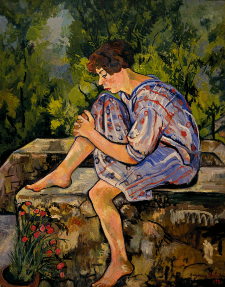 Painting of a light-skinned girl with short, curly, dark brown hair sitting on a low stone wall. She leans against one of her legs propped up on the wall, the other leg dangling off the side. She wears a blue dress with patterns, and is surrounded by lush greenery and red flowers.