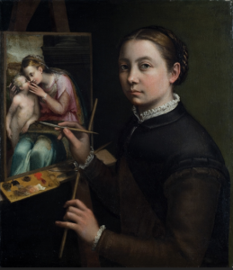 Portrait of a woman with a light skin tone holding a brush painting a painting on an easel.