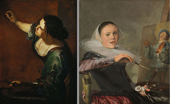 Two paintings next to each other. Both depict a woman with a paintbrush in her hand, in the midst of painting a work of art.