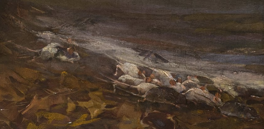 Detail shot of a realistic oil painting, depicting a group of white mice swiftly running away together under the cover of white mist.