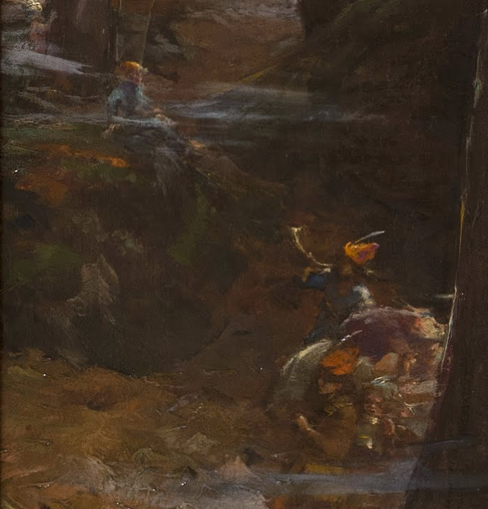 Detail shot of a realistic oil painting depicting fairy men surrounded by fallen foliage. They are light-skinned and tiny, with pointy red caps.