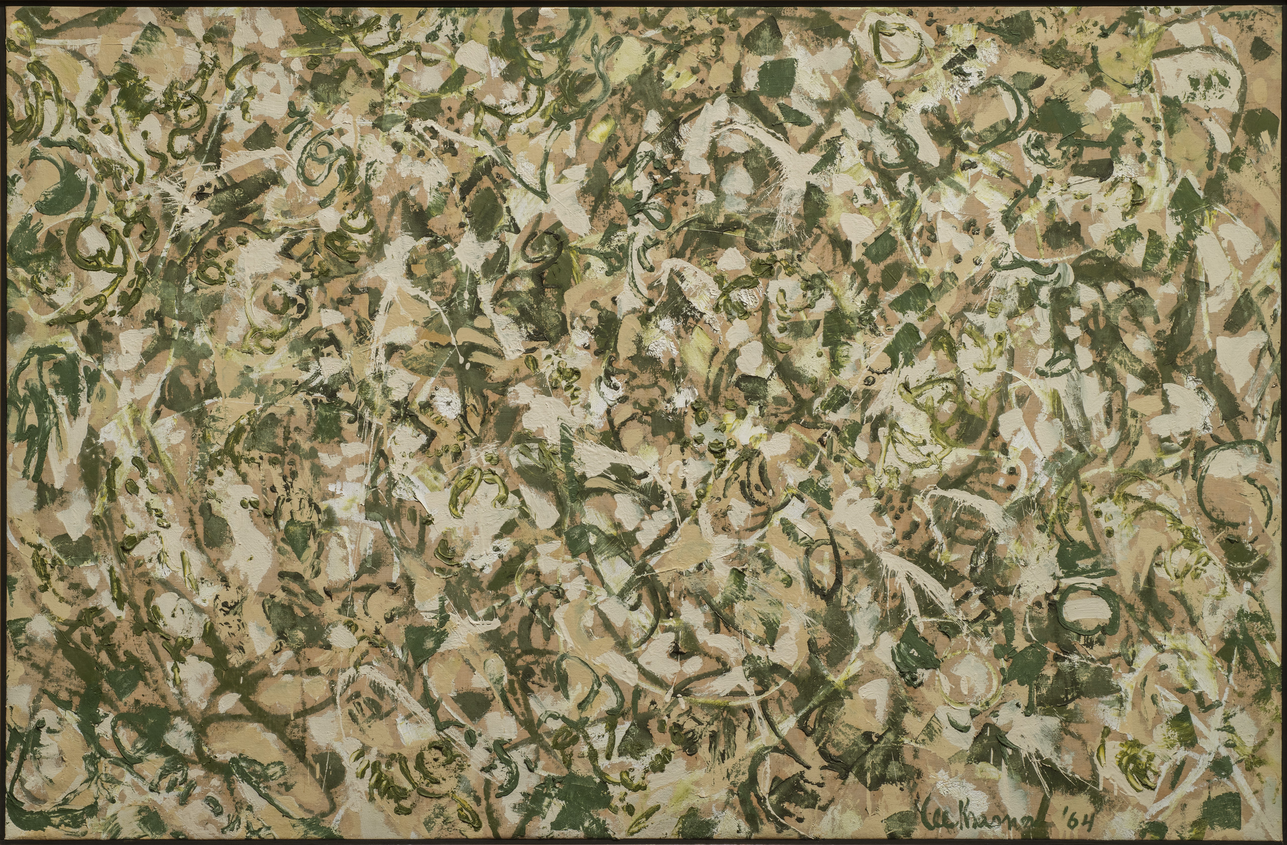 Densely layered, expressive brushwork in cream, white, and multiple shades of green cover a rectangular, horizontal canvas from edge to edge. Daubs and splashes of paint mingle with strokes resembling arcs, circles, ovals, and other curving forms to suggest movement and energy.
