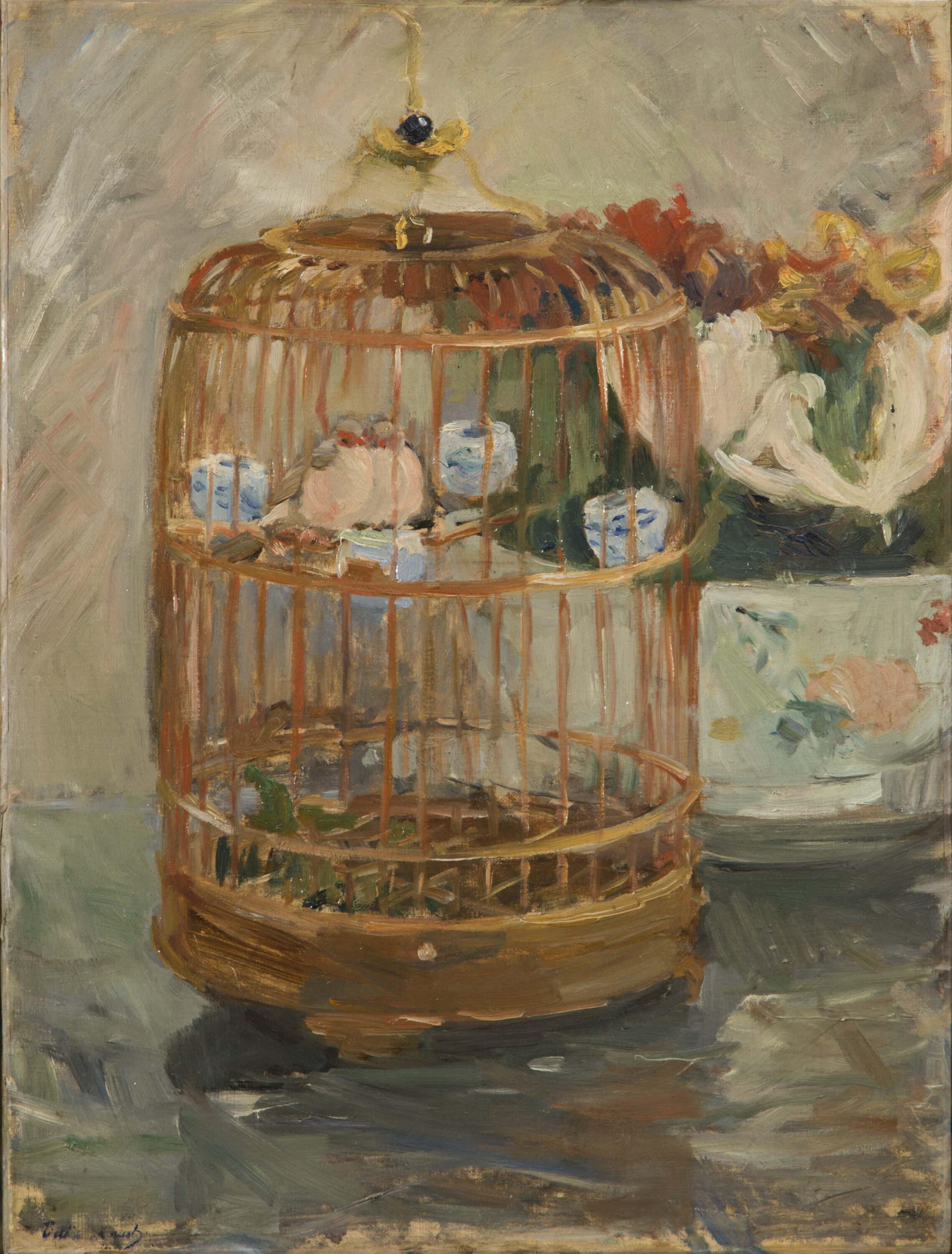Rendered in loose, impressionistic brushstrokes in muted pastel tones, the still life painting depicts a brass birdcage with two small birds cuddled next to each other on a perch. The cage sits adjacent to and partially obscures a bowl of lush red, yellow, and white flowers.