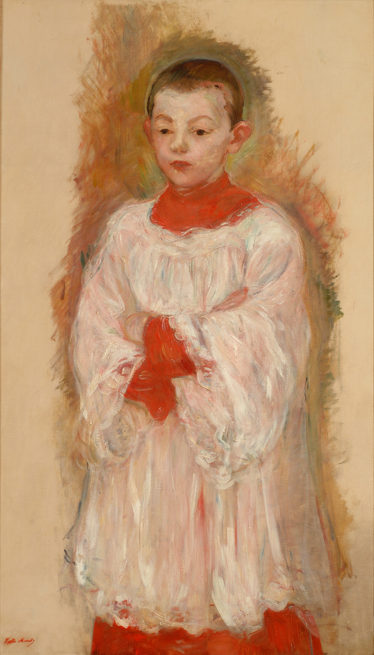 Impressionist painting of a choirboy. The young, light-skinned boy is has very short brown hair and wears a red, high-collared, long, under layer with a white long-sleeved layer over it. His arms are crossed and the background is a plain canvas.