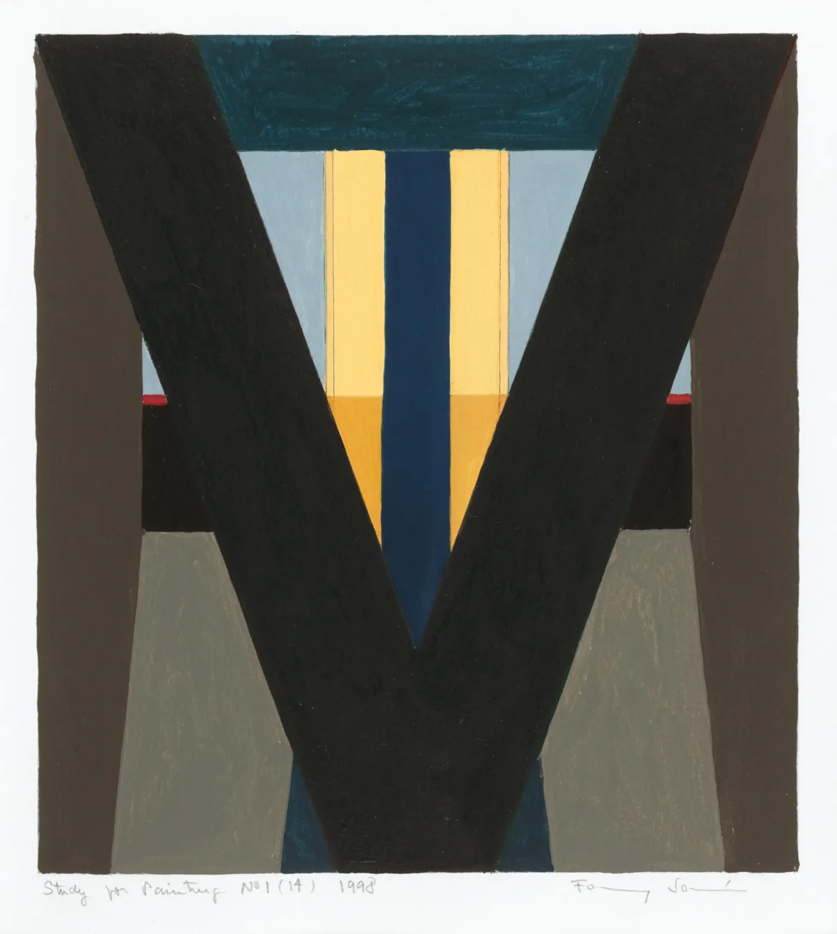 A symmetrical abstract painting with a dark "V" down the center with various vertical and horizontal bands of black, brown, blue, yellow, and red intersecting it the background.