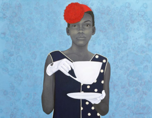 A woman with a gray skin tone is holding an oversized cup of tea.