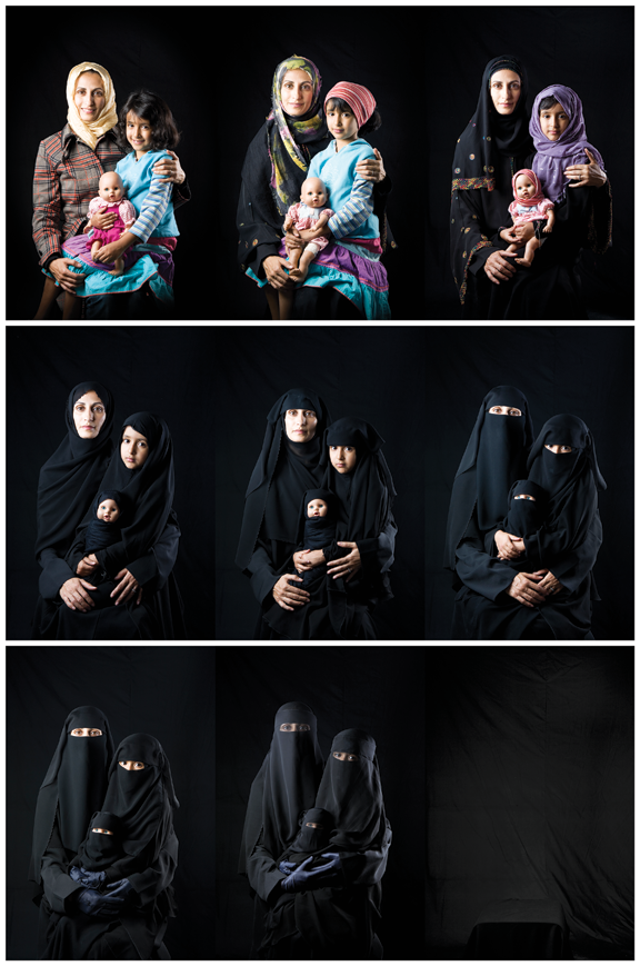 A photo series documents a succession of portraits. It begins by showing a mother, her daughter, and her doll wearing a hijab. As the series goes on, the women are covered up more and more, until they disappear in the black background.