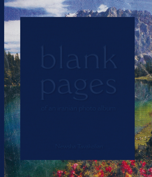 A blue book with the title "blank pages" on a background that depicts mountains, a forest, and water.