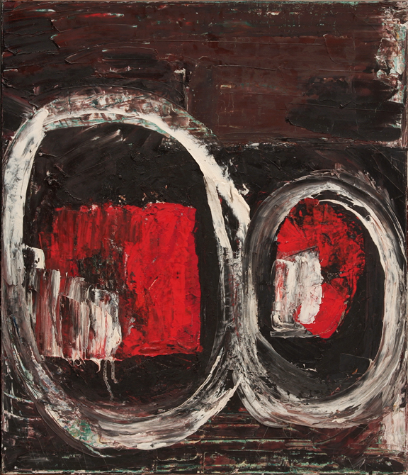A close up of an abstract oil painting in dark red colors. The background is almost black, and two red spots are surrounded by two white circles. 