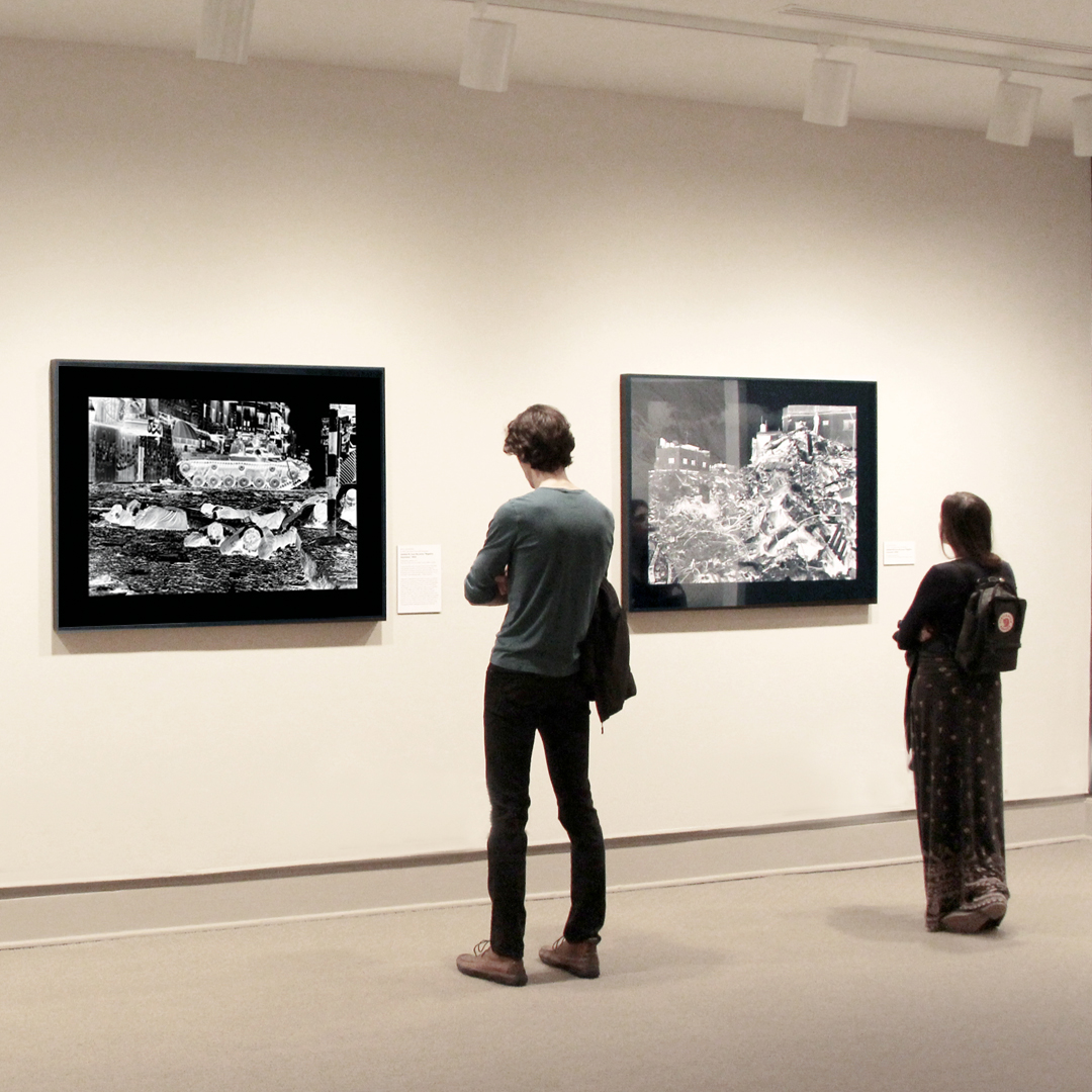 NMWA visitors study two of Rula Halawani’s photographs in the She Who Tells a Story galleries