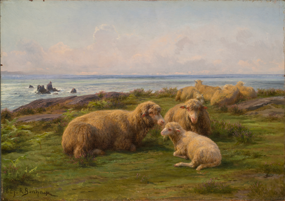 A flock of sheep rest on a grassy hill by a rocky shoreline in a landscape painting. In the center, two adults and a lamb lie in a group. The sky contains distant rolling clouds over the sea, which stretches to the horizon. A breeze is suggested by the waves crashing on rocks, and sunshine is shown through golden light and shadows around the sheep.