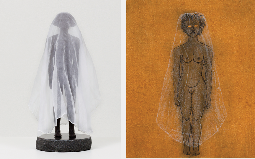 Two images of art pieces next to each other. On the left, there is a sculpture made of bronze embalmed in a white veil. On the right, there is a drawing of the sculpture of a woman with a medium-dark skin standing completely embalmed in the same white veil.