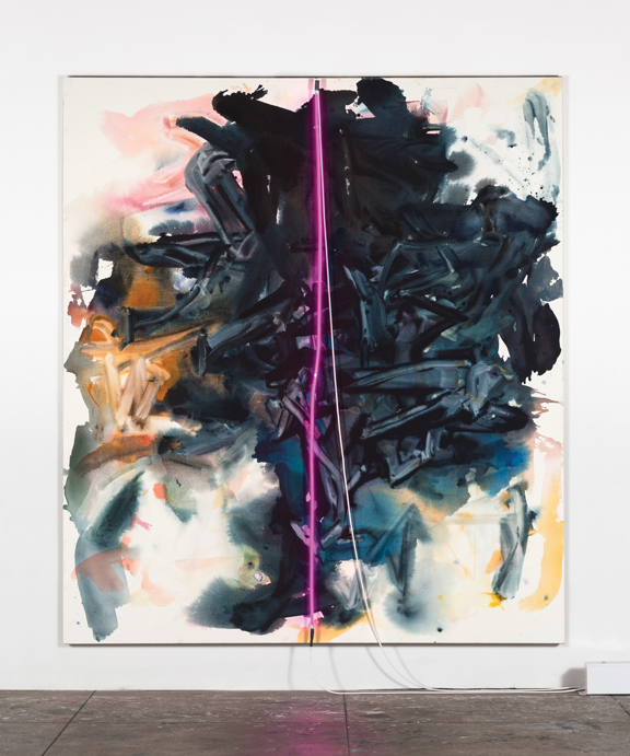 An abstract art work consists of black brushstrokes on linen and a pink neon light dangling down from the top of the art working right in the middle, breaking the black abstract shape into two.