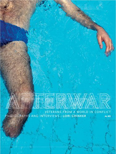 The cover of the book 'Afterwar' featuring a hairy, light-skinned body floating face-up in a bright blue pool. Only the person's left arm, stomach, blue Speedo, and left leg are visible—the leg is missing from halfway down the shin down.