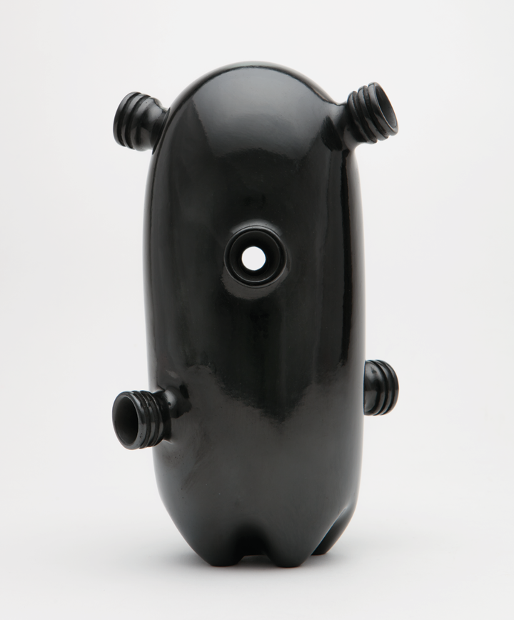 A shiny black ceramic cylinder. There is a hole in the top-third of the cylinder. There are knob-like openings that protrude from the bottom and top of the cylinder. 