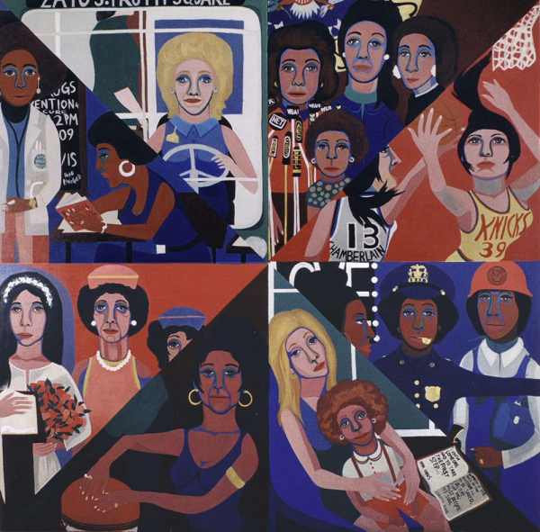 An oil painting divided into eight sections featuring women working in different fields. One woman is a doctor, two women are basketball players, one woman is a police officer, another woman plays the drums.