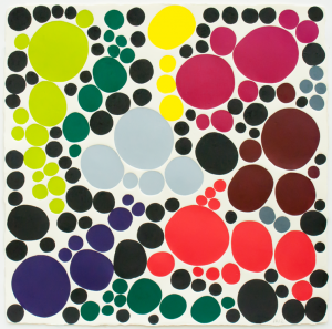 Colorful big and small dots scattered on a white canvas. There are green, blue, gray, brown, red, and pink dots.