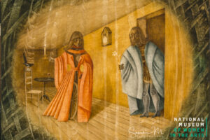 Green-tinted woven wood covers the corners and leads to the middle where a woman in an orange cloak made from various wooden objects such as a wagon wheel holds a candle and looks to her right at a man entering into the room from a door. The man is wearing a blue cloak and is also comprised of wooden objects. In his right hand, he holds a white flower. Behind them, a clock hangs on the wall, and in the left corner, a blackbird perches on a chair.