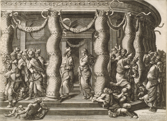 An etching shows a group of people standing by a house or a temple with many columns. In the middle of the image, Christ and a woman are standing by the door facing each other.
