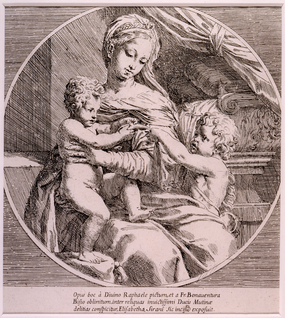 An etching shows a woman holding sitting in her lap. There is another child sitting next to the woman, holding a piece of cloth, whose other end is held by the baby. 
