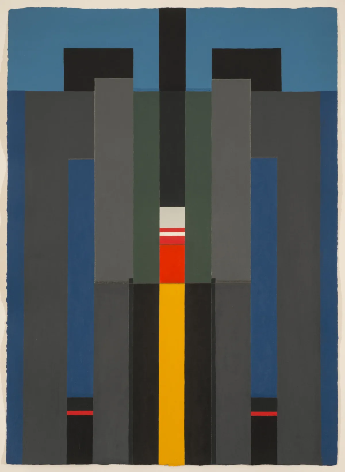 An abstract painting featuring tall, rectangular shapes arranged symmetrically in shades of gray, black, green, and blue. The center of the painting is divided by a yellow, red, white, gray, and black rectangle.
