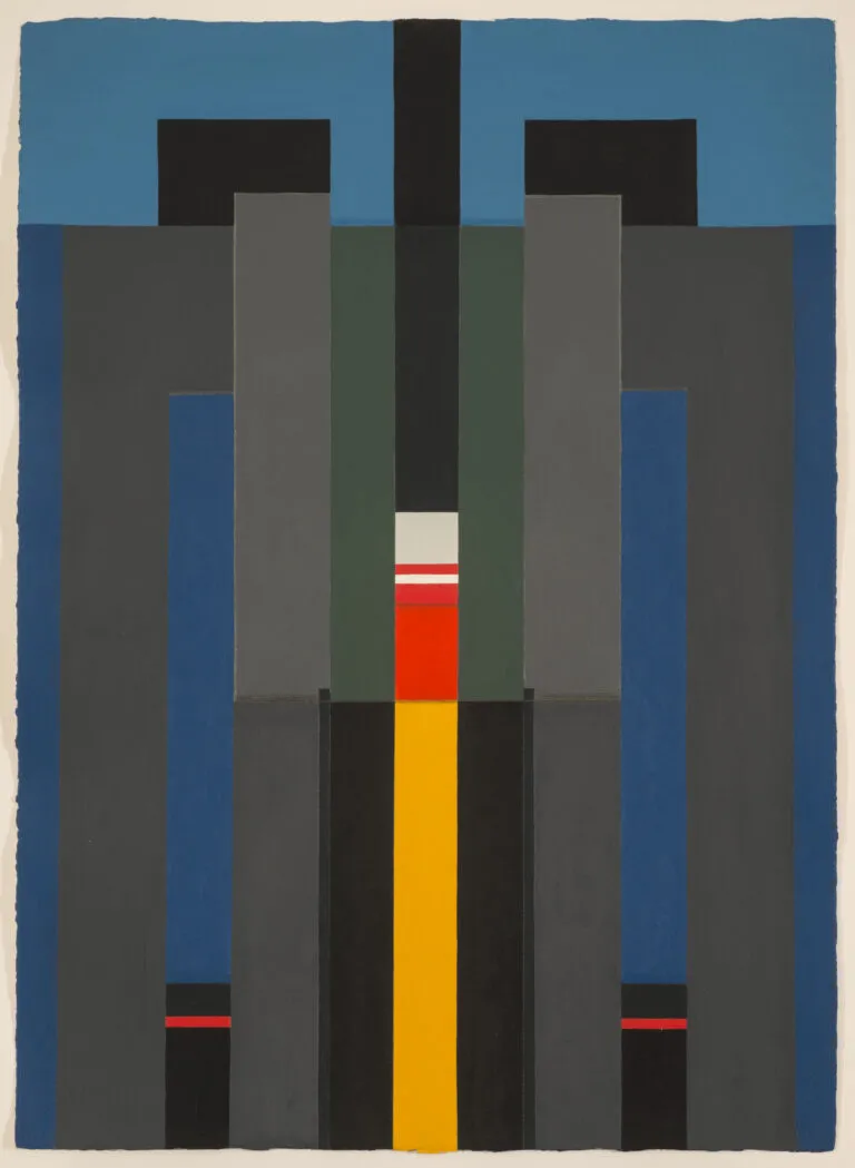 An abstract painting featuring tall, rectangular shapes arranged symmetrically in shades of gray, black, green, and blue. The center of the painting is divided by a yellow, red, white, gray, and black rectangle.