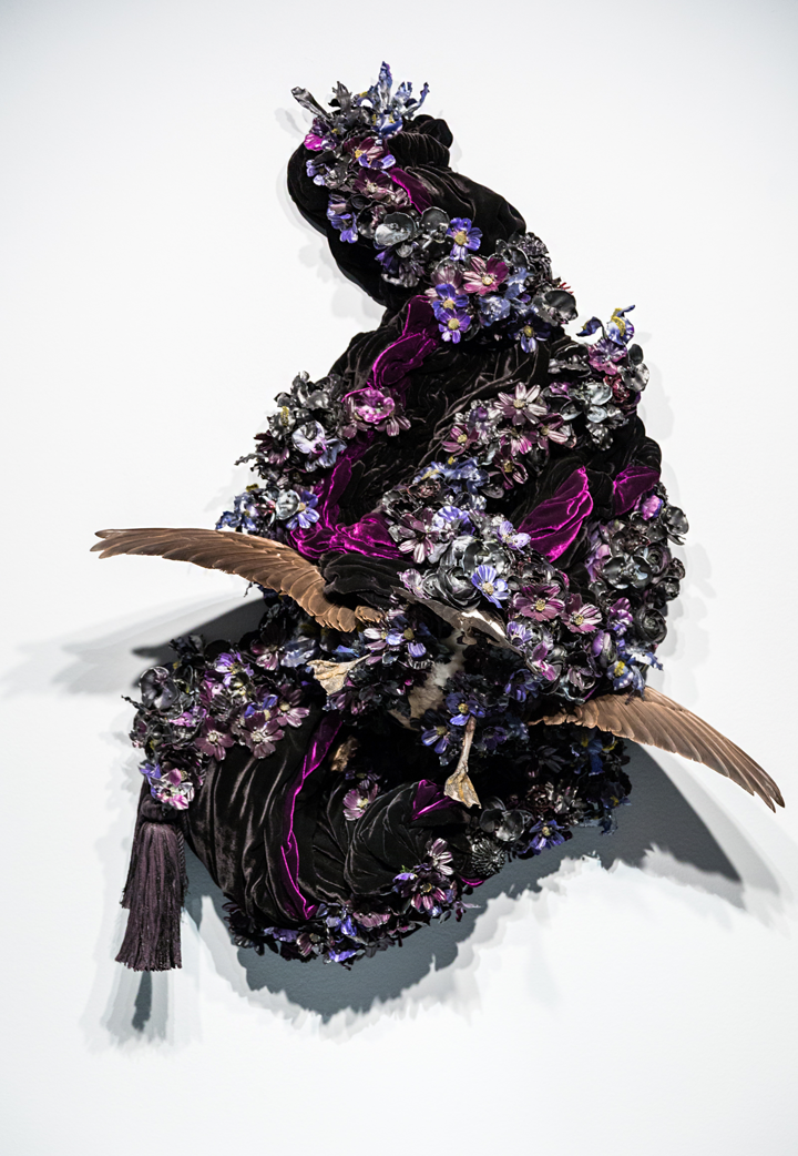 A taxidermy goose dives into a swirl of deep purple velvet and wax-dipped silk flowers. The soft and colorful materials cover up the dead bird's body, only its wings are sticking out, almost, as if it was sucked into the arrangement of velvet and flowers.