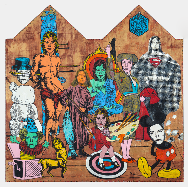  On a piece of wood or carton, a blonde woman is reimagined in several iconic movie characters and artistic references. Her face is painted on the crucifixion of Christ, a Mickey Mouse, Superman, Buddha, a snowman, and others. The colors are very vibrant and give it a pop art vibe. 