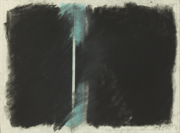 A charcoal drawing on a piece of paper shows two large, black rectangular shapes divided by a white line. Underneath the black shapes, a bright blue pop of color shines through, giving the dark charcoal drawing a vibrant eye catcher.