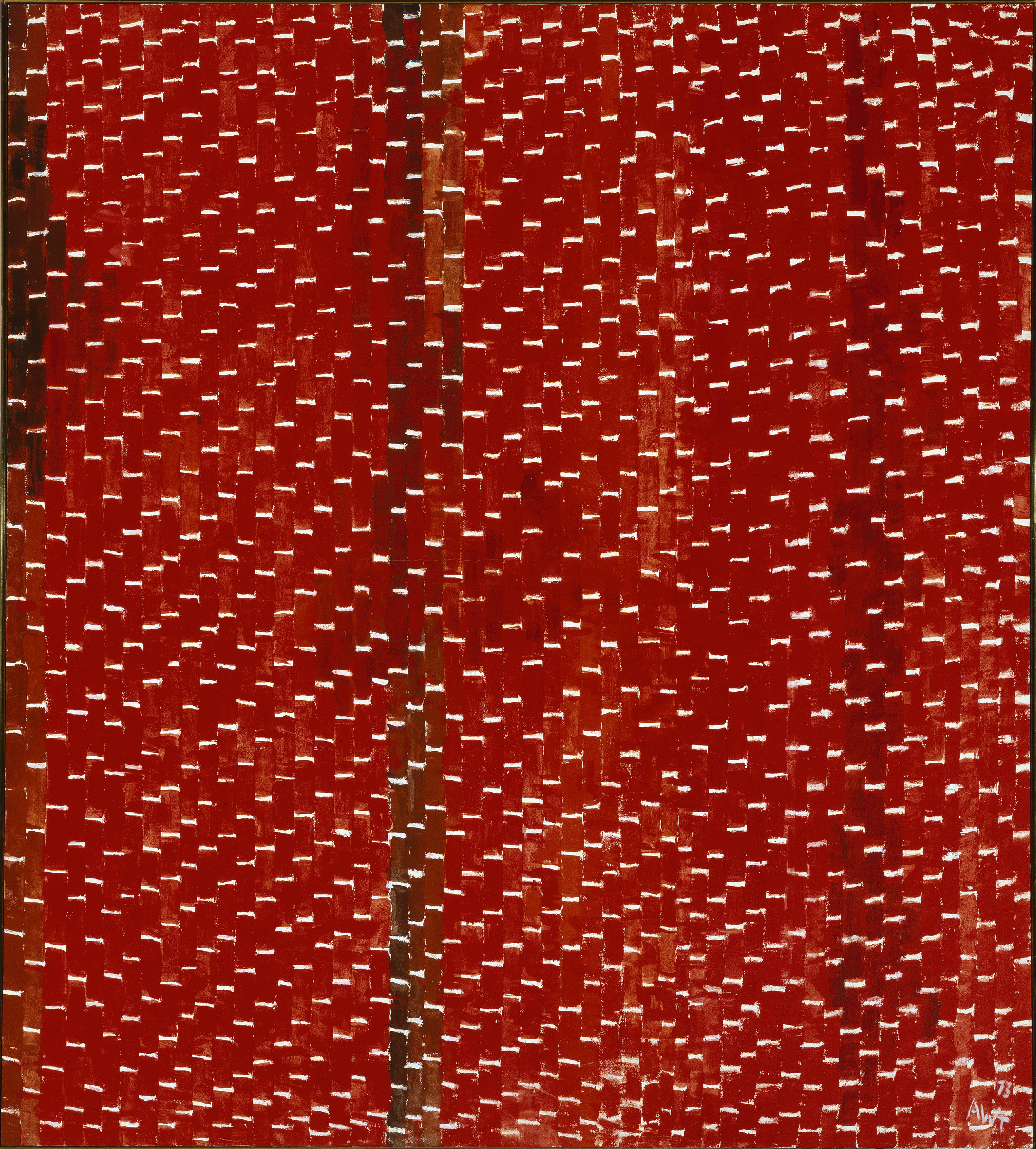 Painting features vertical tile-shaped brushstrokes in various shades of red separated by horizontal white lines. Creating a rhythmic and mosaic-like pattern that resembles stitching, the white lines create stair steps in the lower right corner, separating as they move towards the center.