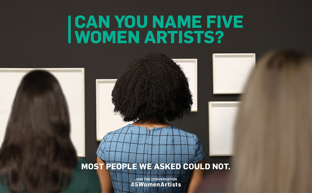 A woman with a dark skin tone is looking towards a wall with white, empty frames. The text above her head reads "Can you name five women artists?"