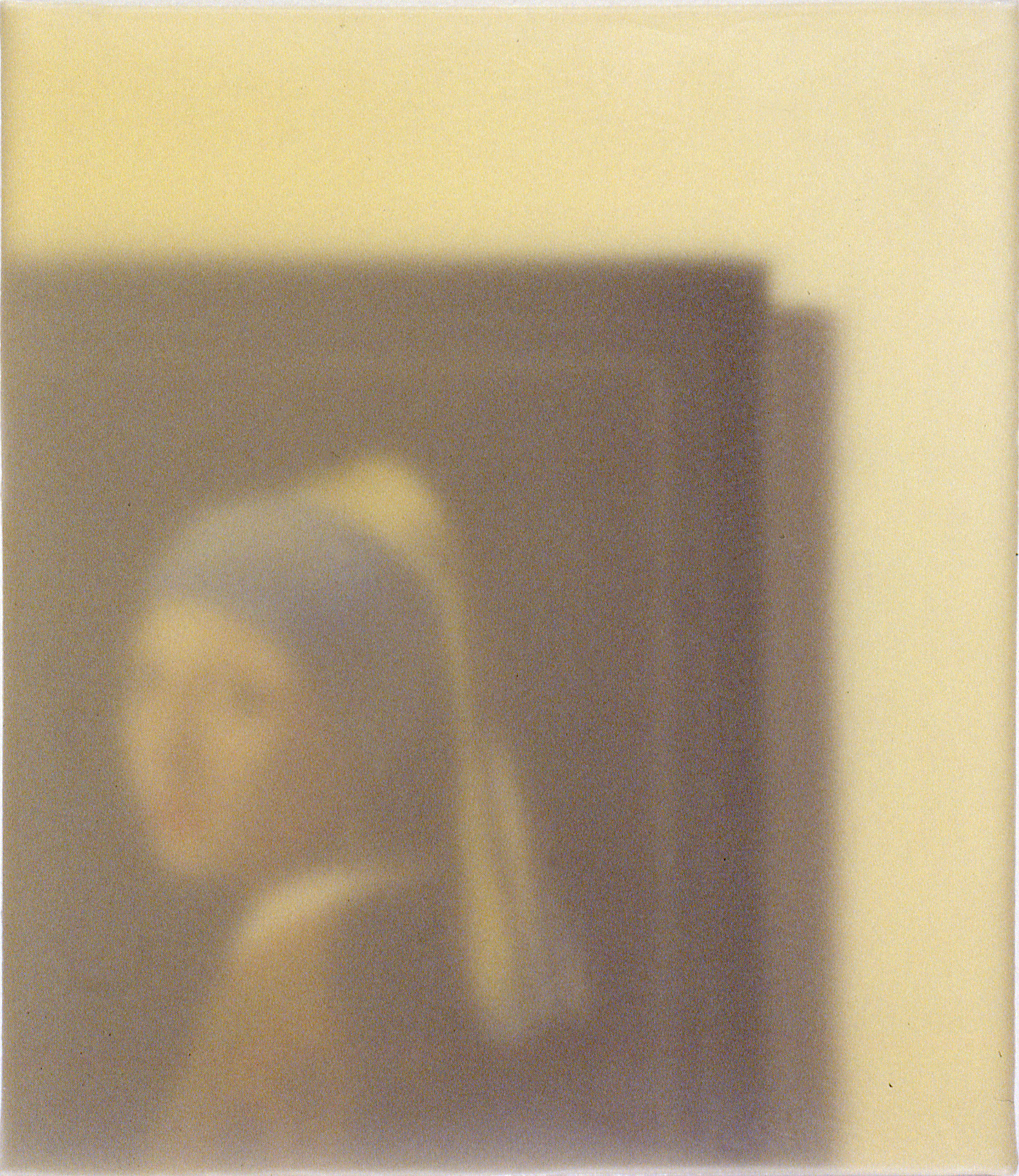 A blurred image of a painting hanging on a wall that depicts a woman wearing a turban and a pearl earring