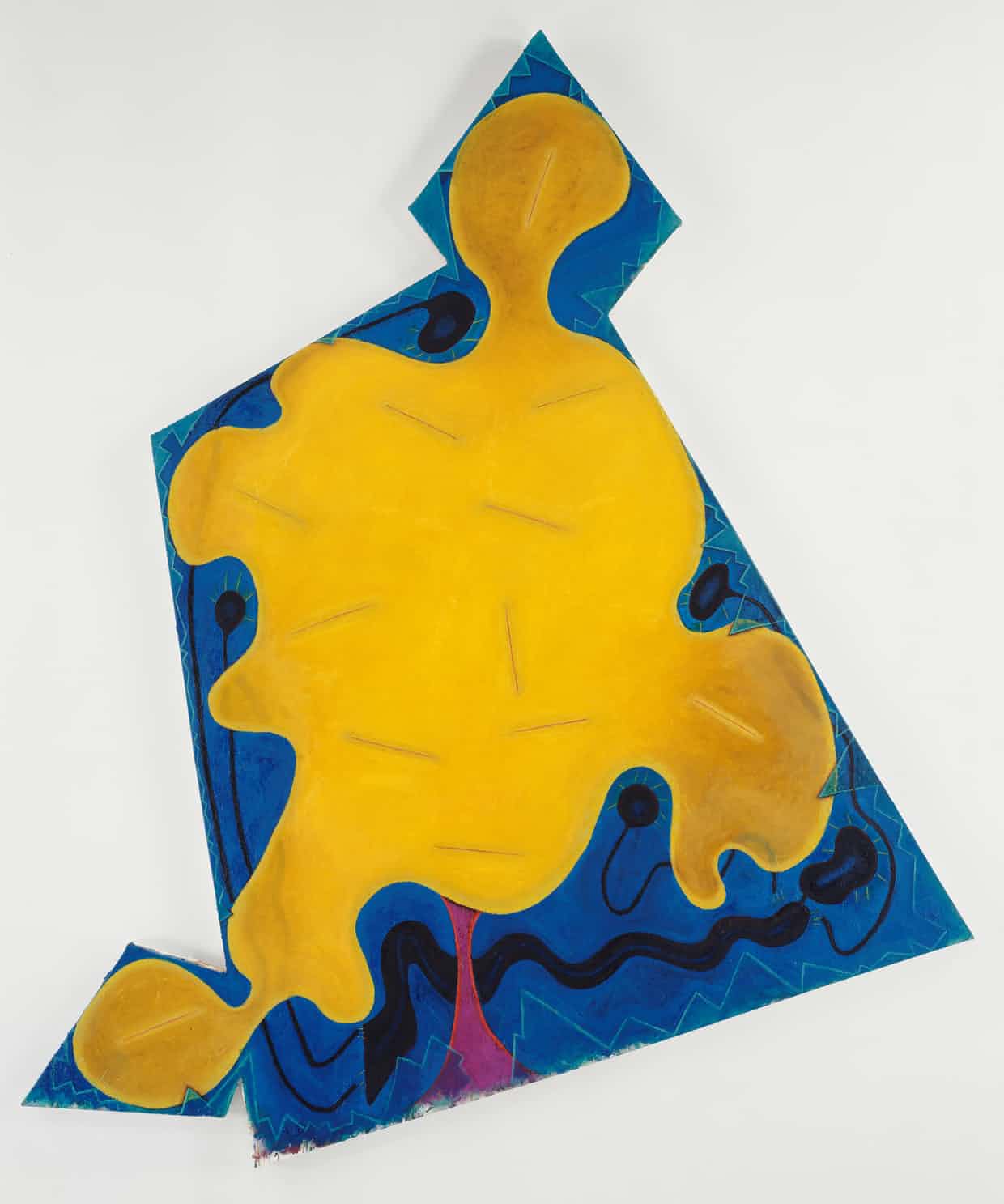An abstract painting of a geometrical blue form with a yellow organic form painted on it.The flowy lines of the yellow shape stand in contrast to the sharp lines of the blue form surrounding it.