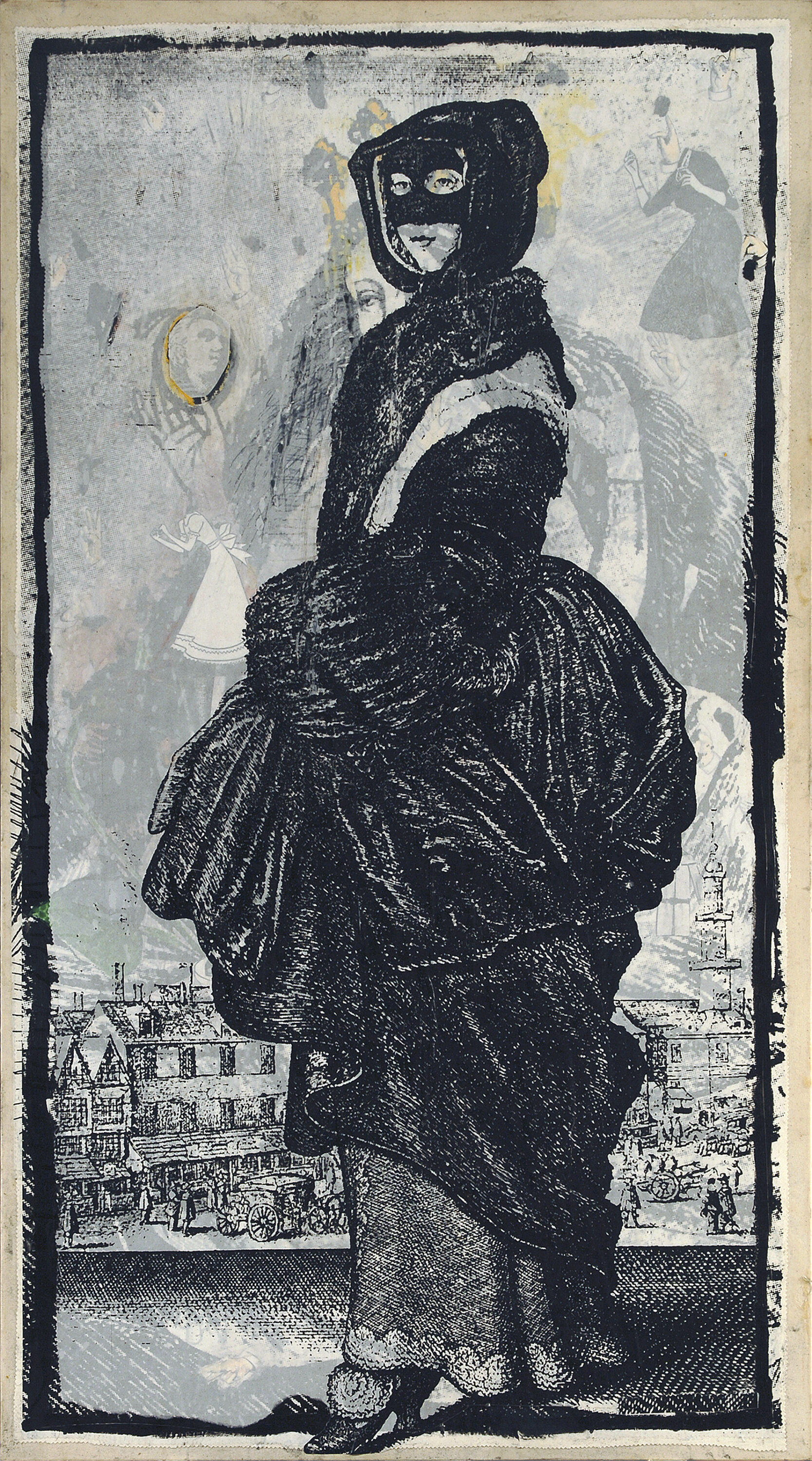 Black-and-white print of a light-skinned adult standing sideways in a hooded, black outer layer and large bustle. Their head faces the viewer, the top half of their face in a black mask. Behind is a looming, translucent figure wearing a crown and holding a mirror, and an old town.