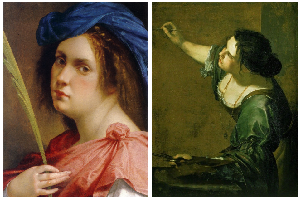 Two paintings featuring women. The left painting is a portrait of a woman with a light skin tone who wears a red cape and a blue head covering. She is holding a quill pen. The painting on the right is of a woman who is in the midst of painting, holding a paint brush in one, and a palette.