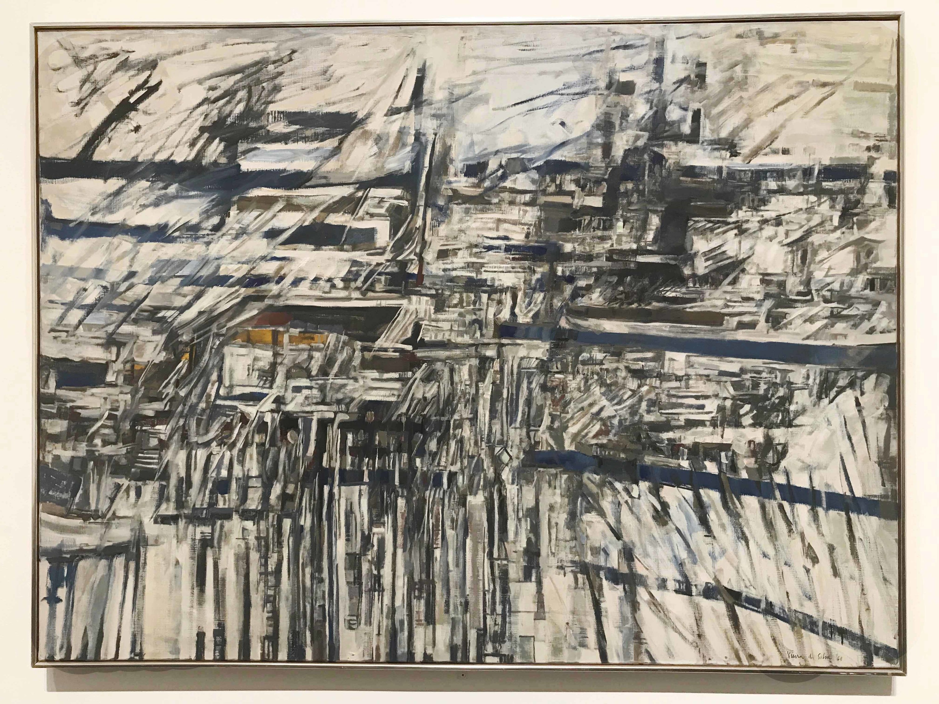 Landscape-oriented, rectangular painting of black lines and slashes across white. The black lines run vertically and horizontally, and appear to be slashed through while the paint was wet, evoking raindrops running down a window during a storm.