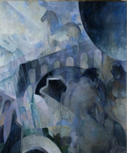 A painting featuring abstract shapes in different shades of blue. The shape of a horse and a woman's back are visible. The painting has a grim vibe to it due to the dark blue, gray, and black tones and the overlaying, unrecognizable shapes.