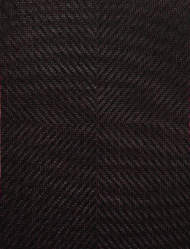 A vertical rectangle with a dense, textile-like pattern is divided into quadrants. Evenly sized, lozenge-shaped dark brushstrokes radiate out diagonally from a center point, creating an overall "X" effect and nearly hiding a bright pink background.