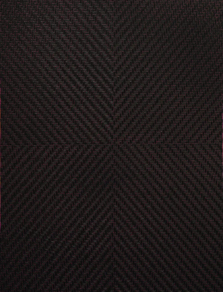 A vertical rectangle with a dense, textile-like pattern is divided into quadrants. Evenly sized, lozenge-shaped dark brushstrokes radiate out diagonally from a center point, creating an overall "X" effect and nearly hiding a bright pink background.