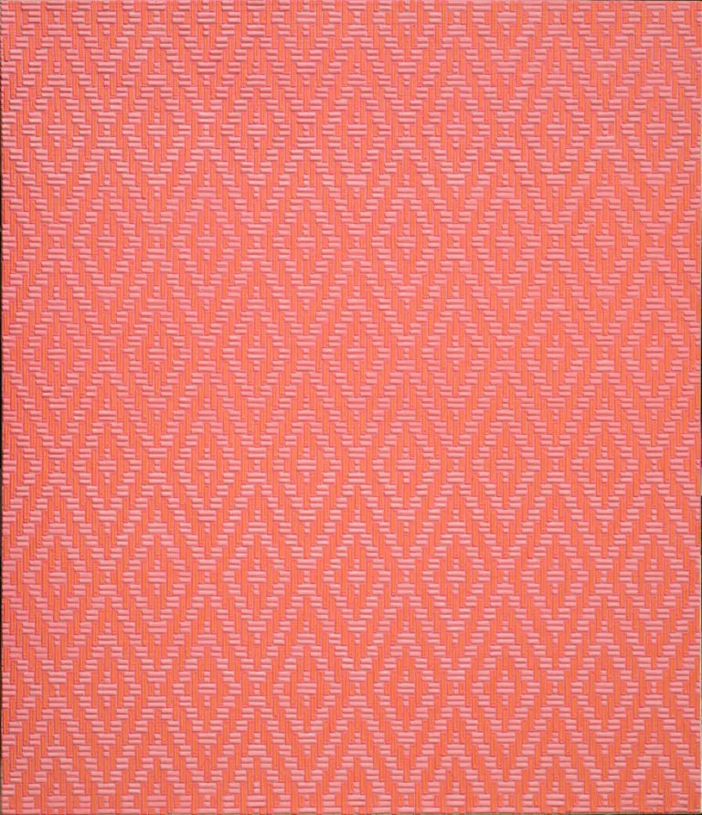 A vertical rectangle with a dense, textile-like pattern. Evenly sized, lozenge-shaped brushstrokes densely packed together create a repeating pattern of identical diamonds in peachy shades.