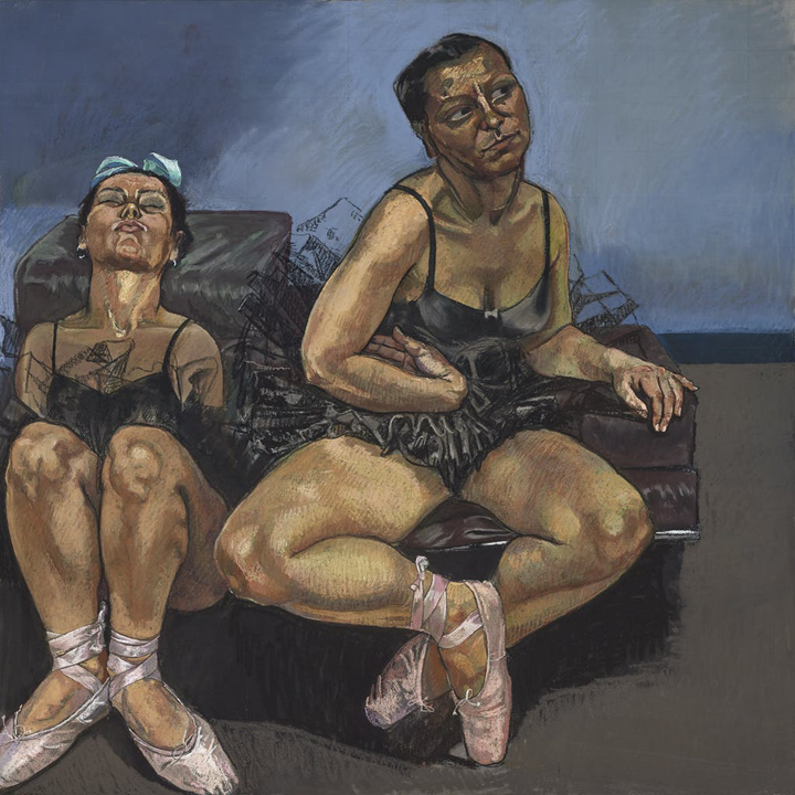 A painting of two women with a light skin tone wearing ballet outfits. They sit on the ground; one woman looks to her left, while the other is leaning back with her eyes closed. 