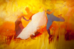 A detail from a painting showing three people dancing in a smokey haze caused by a fire. Their faces and upper bodies are obstructed by the haze. 