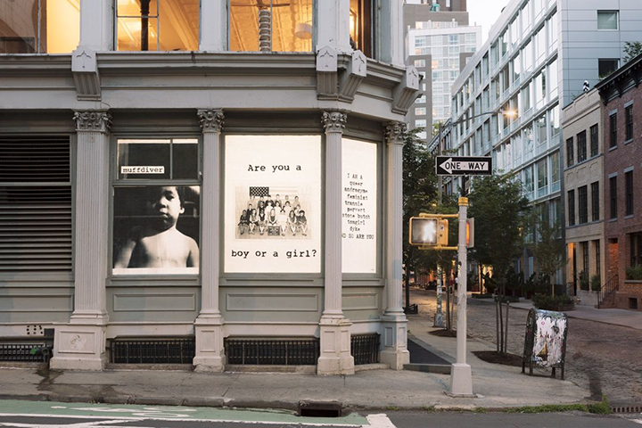 Photograph of building on an urban street corner. The building  features posters in three of its windows. One poster is of a shirtless child with text that reads "muffdiver." Another poster shows a black and white photograph of school children with text that reads "Are you a boy or a girl?" The third poster just features text that is out of focus.