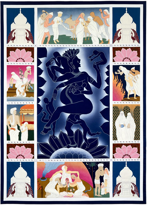 A collection of colorful illustrations arranged in a grid. The illustrations feature Indian-inspired imagery and depict dramatic vignettes featuring women experiencing violence and distress.