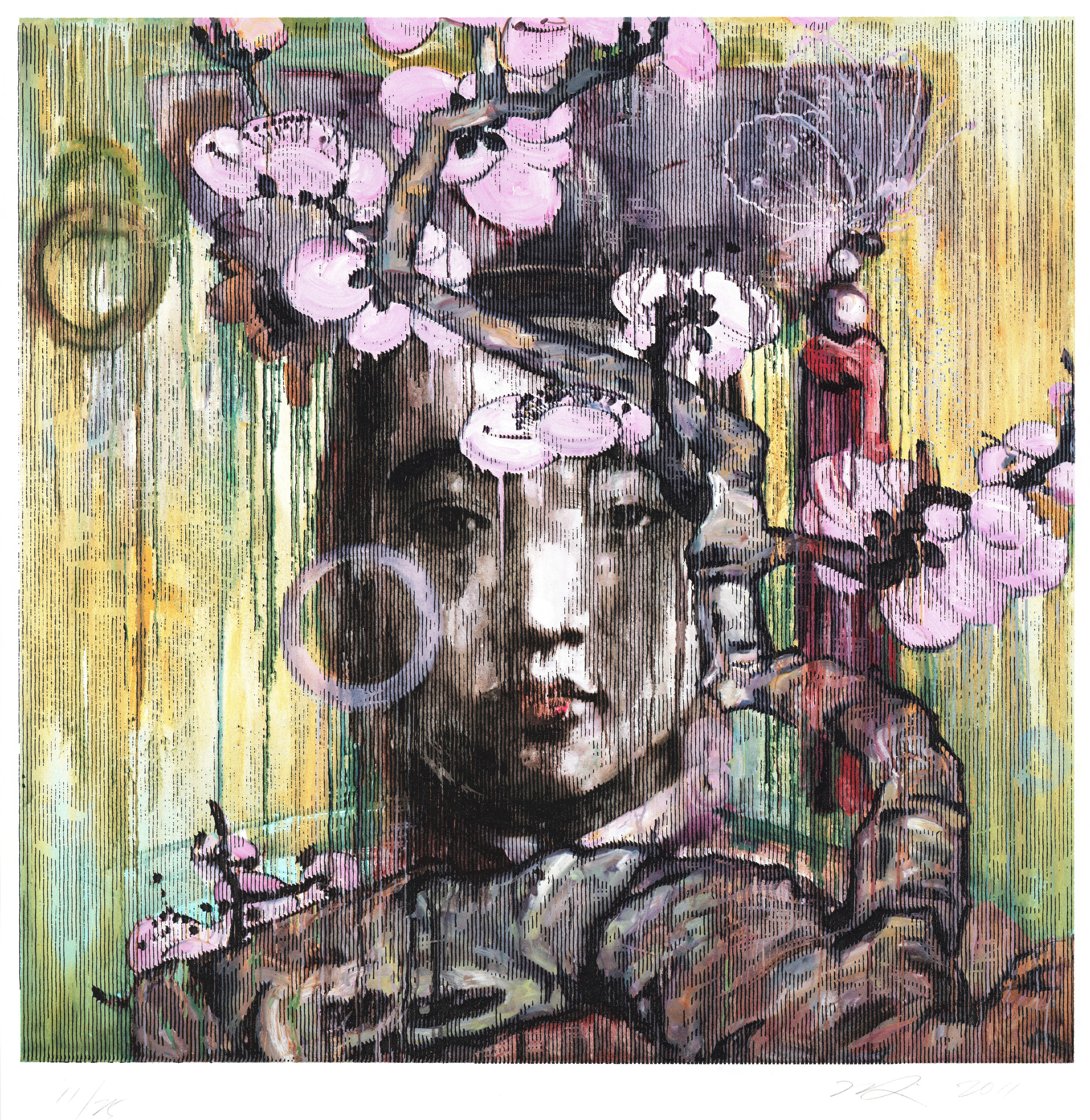 A square painting with layered, dripping textures of a light-skinned Chinese woman with dark hair and red lips seen from the shoulders up. She gazes straightforward at the viewer and wears a traditional Chinese headdress. She is partially obscured by a branch of pink blossoms.
