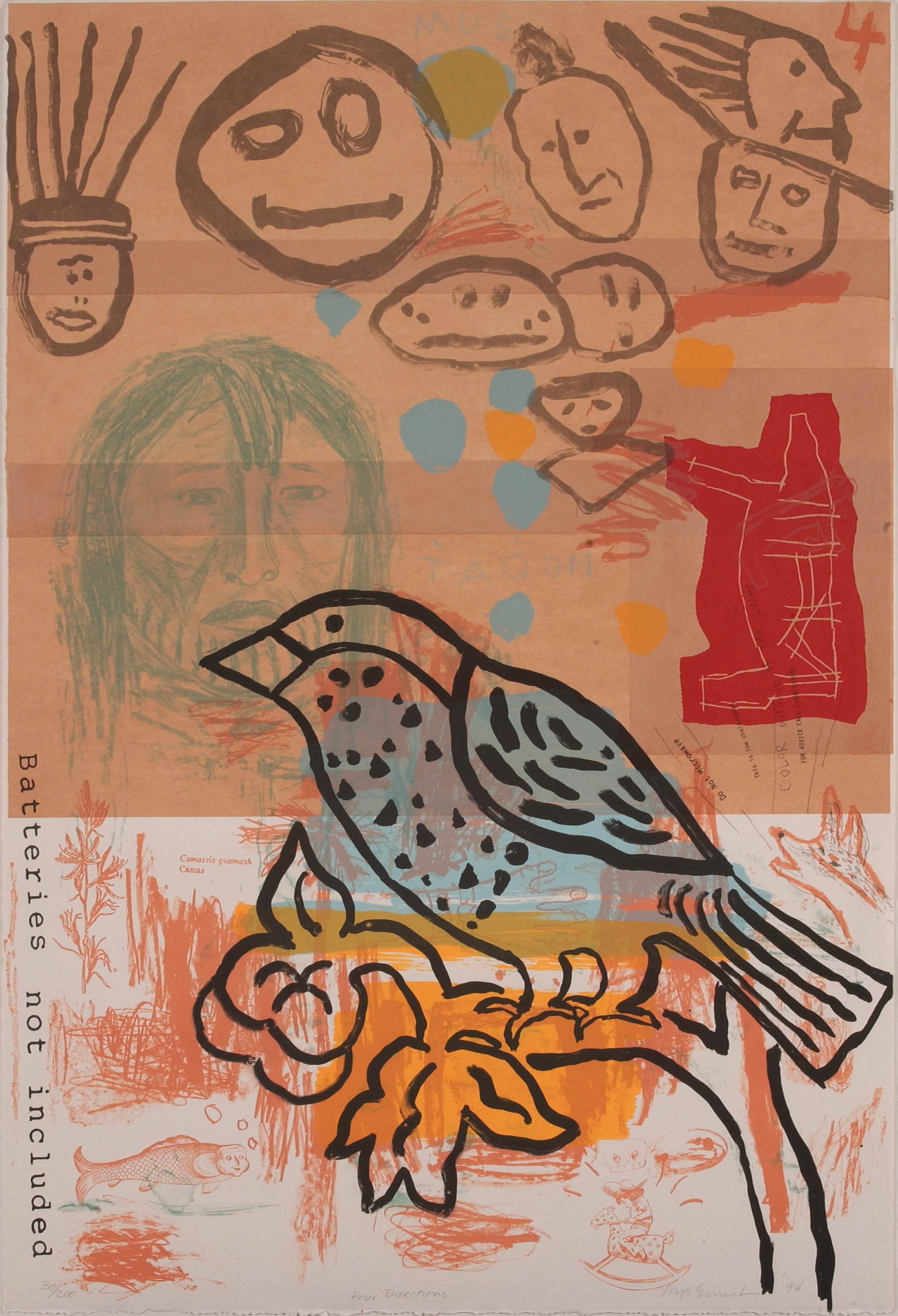 A black line painting of a bird with several gray stick figure faces, basic animal drawings, and a small, detailed lake in the background. "Batteries Not Included" is typewritten down the bottom left side. The colors are terracotta neutrals—tan, red, orange, and light blue.